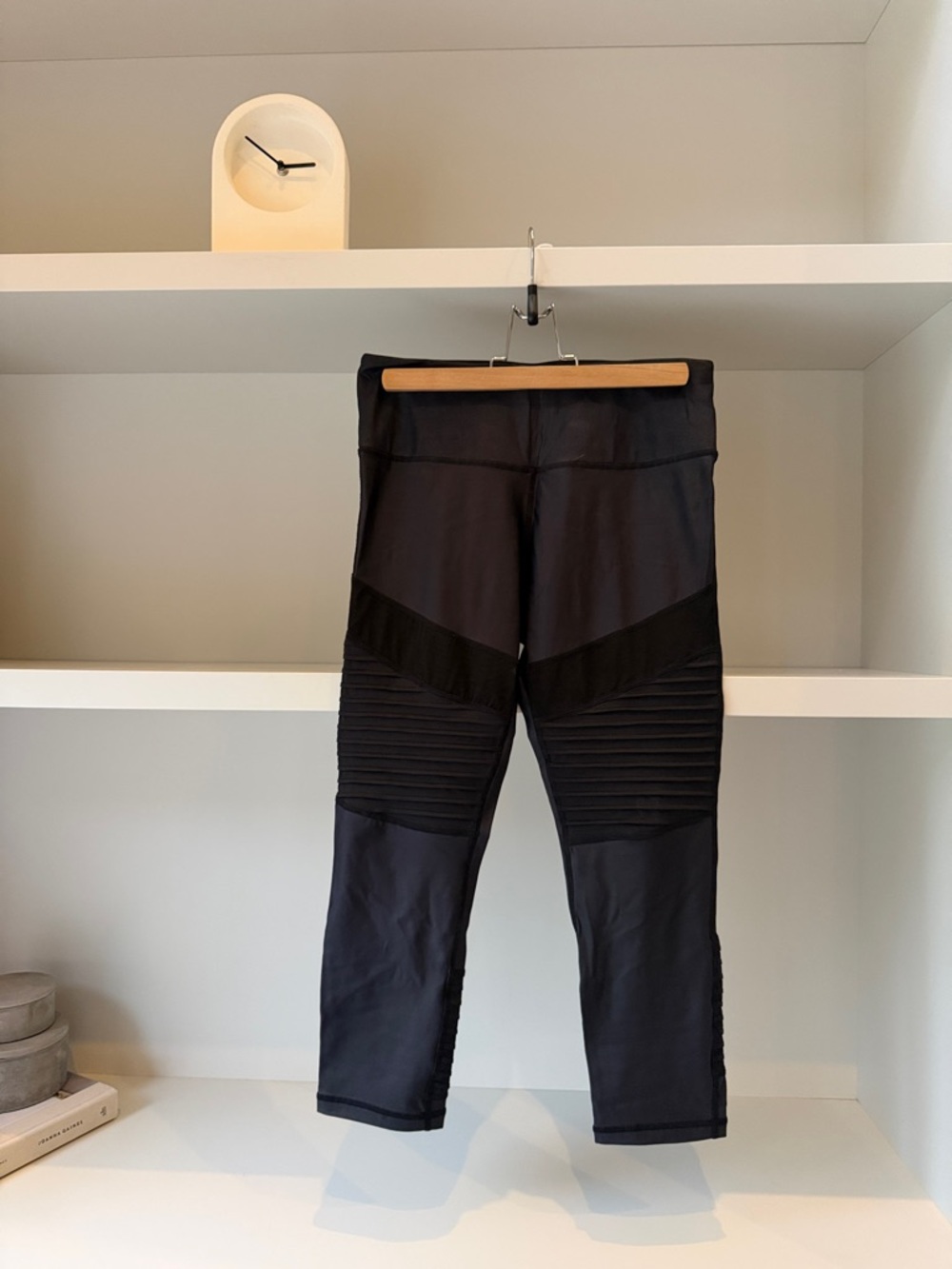 Black Cropped Active Moto Leggings with Textured Knee Panels and Mesh